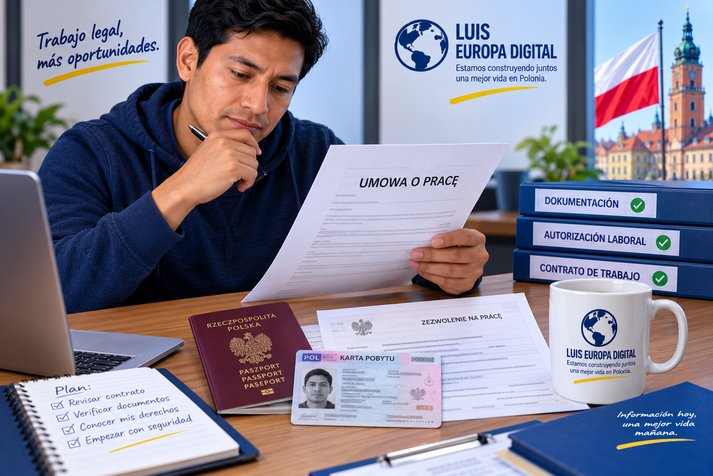 Trabajador extranjero revisando su contrato de trabajo en Polonia
